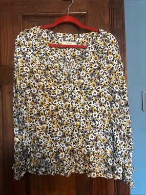LOFT White Blouse with Mustard and Brown Floral Print